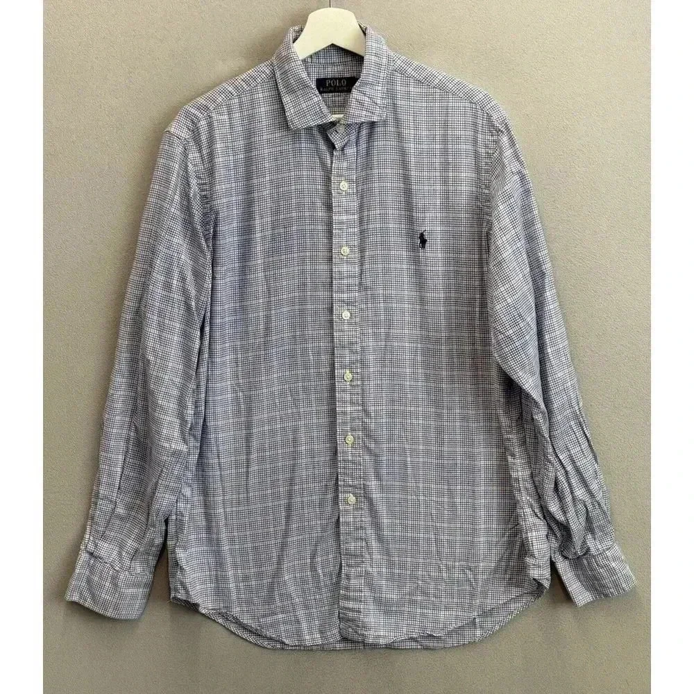 Polo Ralph Lauren Men's Sz Large Blue Plaid Long Sleeve Cotton Button Up Shirt‎